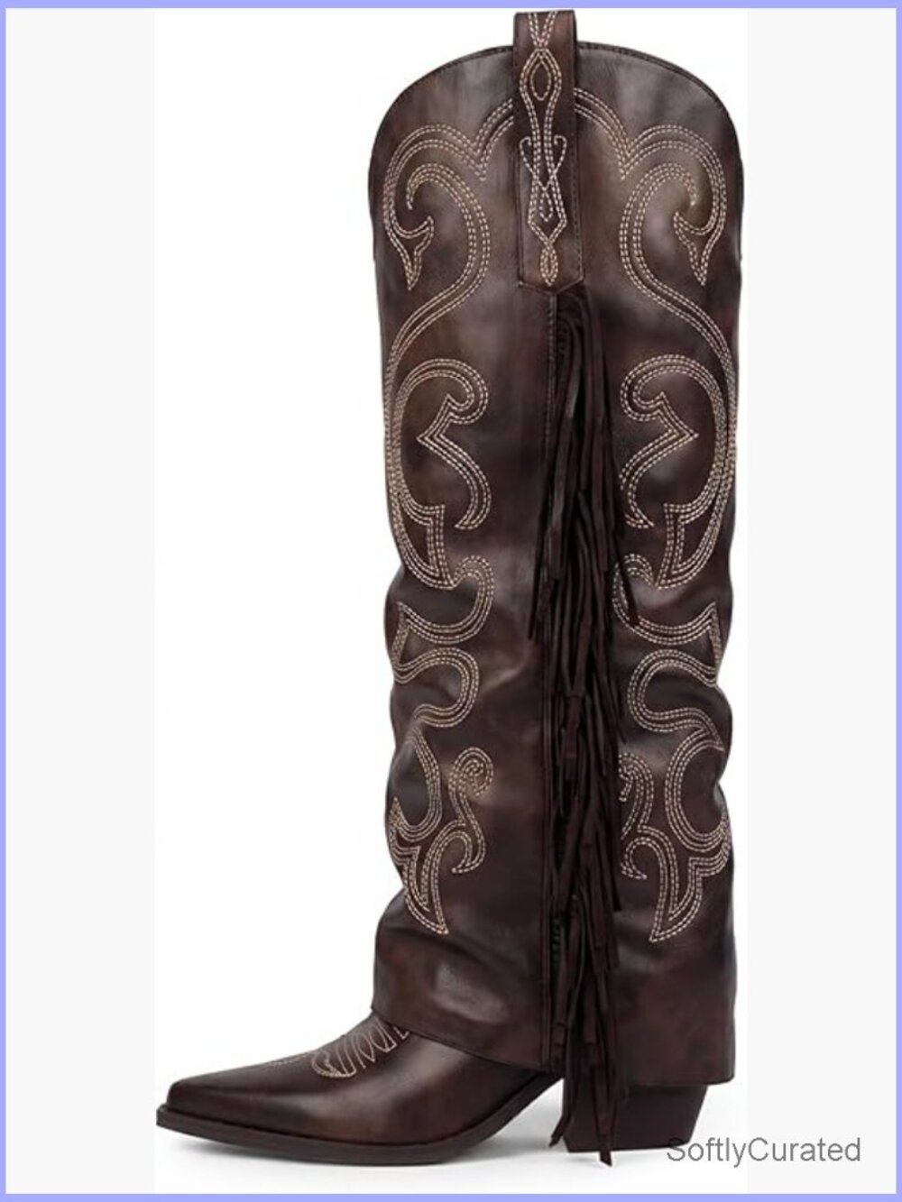 Women's Knee High Fringe Cowboy Boots Chunky Heel Pointy Toe Side Zip